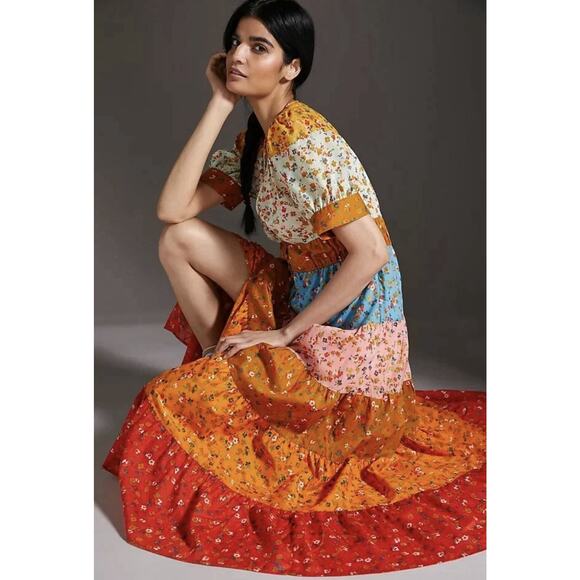 Anthropologie Boho Hippie Cottagecore Size S Floral Patchwork Tiered Maxi Dress - Picture 2 of 10